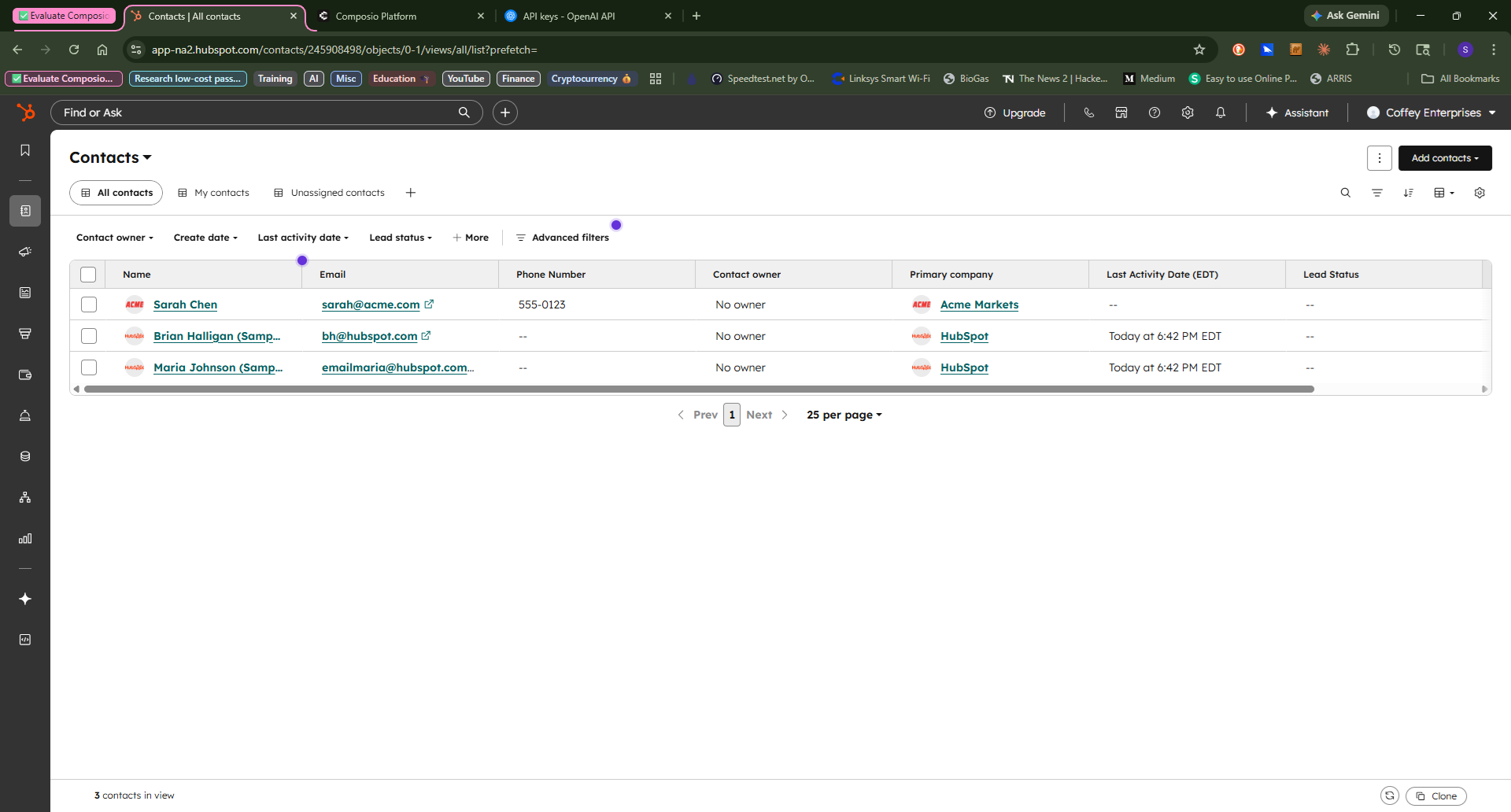 Lead Sarah Chen written into HubSpot CRM automatically by the CoffeyAI chatbot